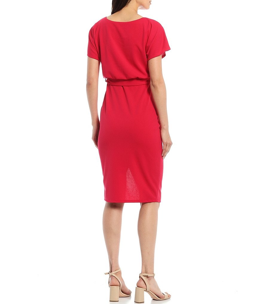 Kensie Textured Knit Boat Neck Tie Waist Short Sleeve Blouson Dress