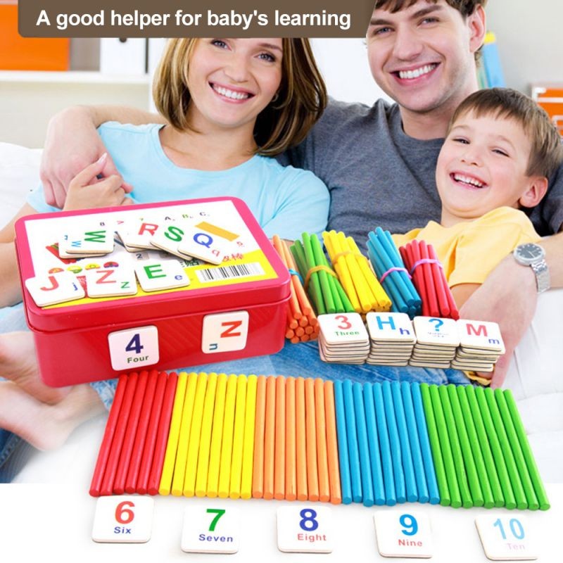 Children's Arithmetic Stick Wooden Counting Sticks Rods Early Educational Toy with a Metal Storage Box for Kids Toddlers Preschoolers