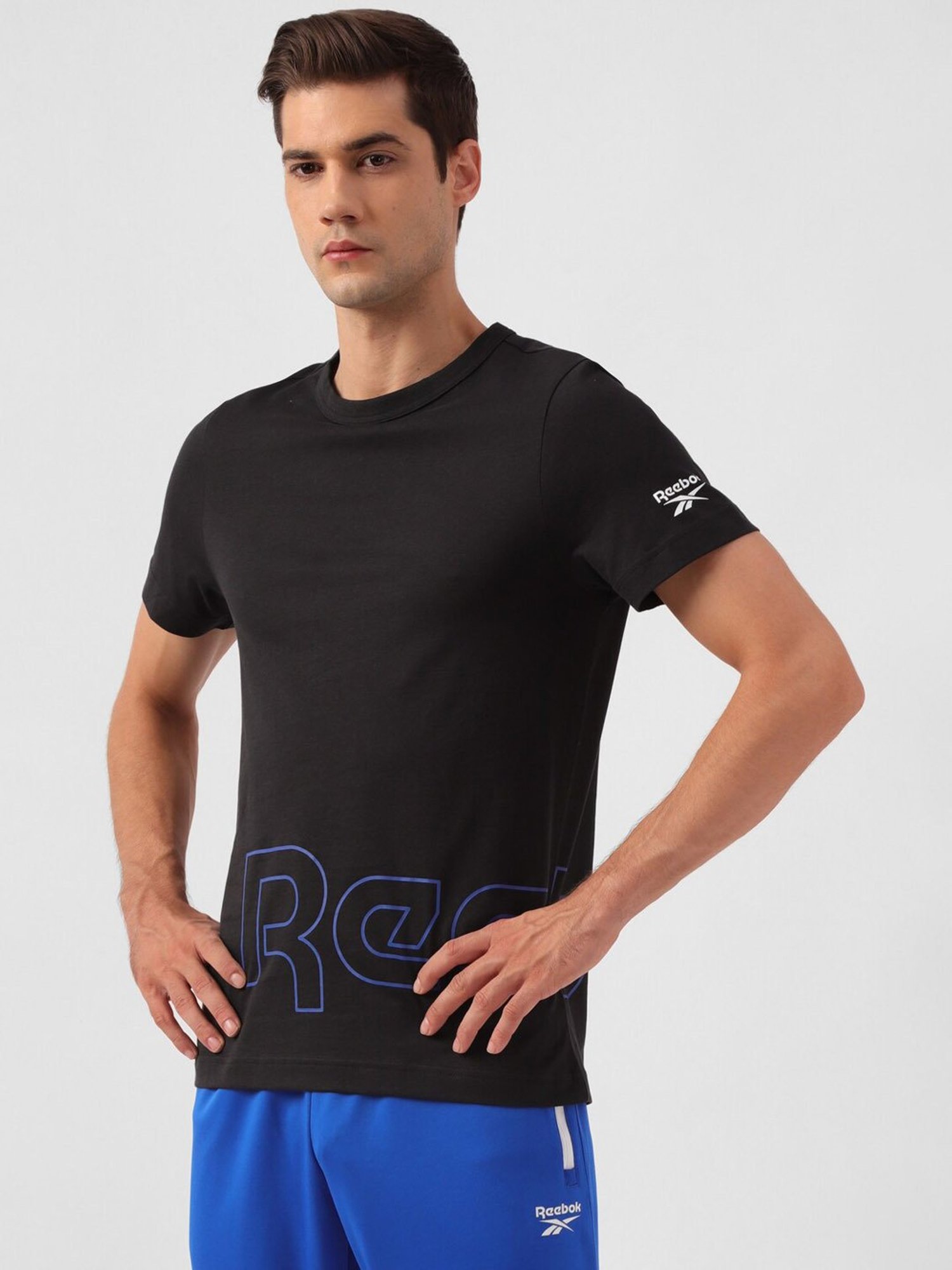 Reebok Black Cotton Slim Fit Printed Training Sports T-Shirt