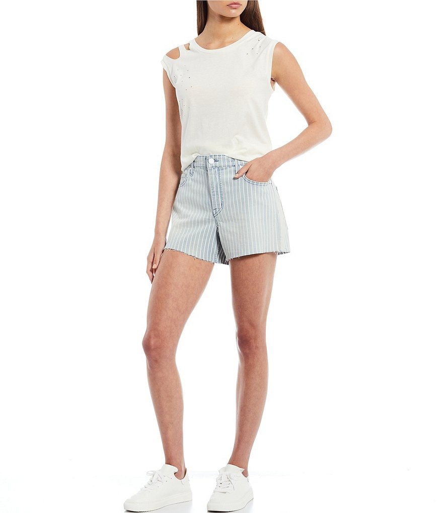 Frayed High Rise Stripe Raw Hem Twill Shorts