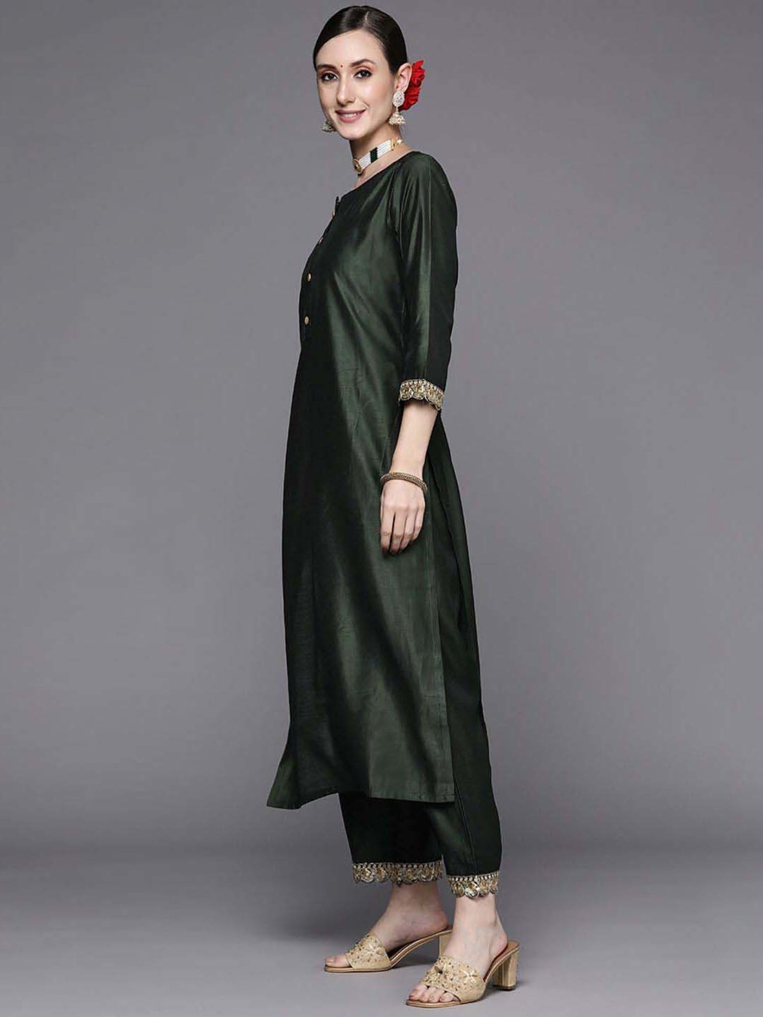 Indo Era Green Pure Cotton Kurta Palazzo Set With Dupatta