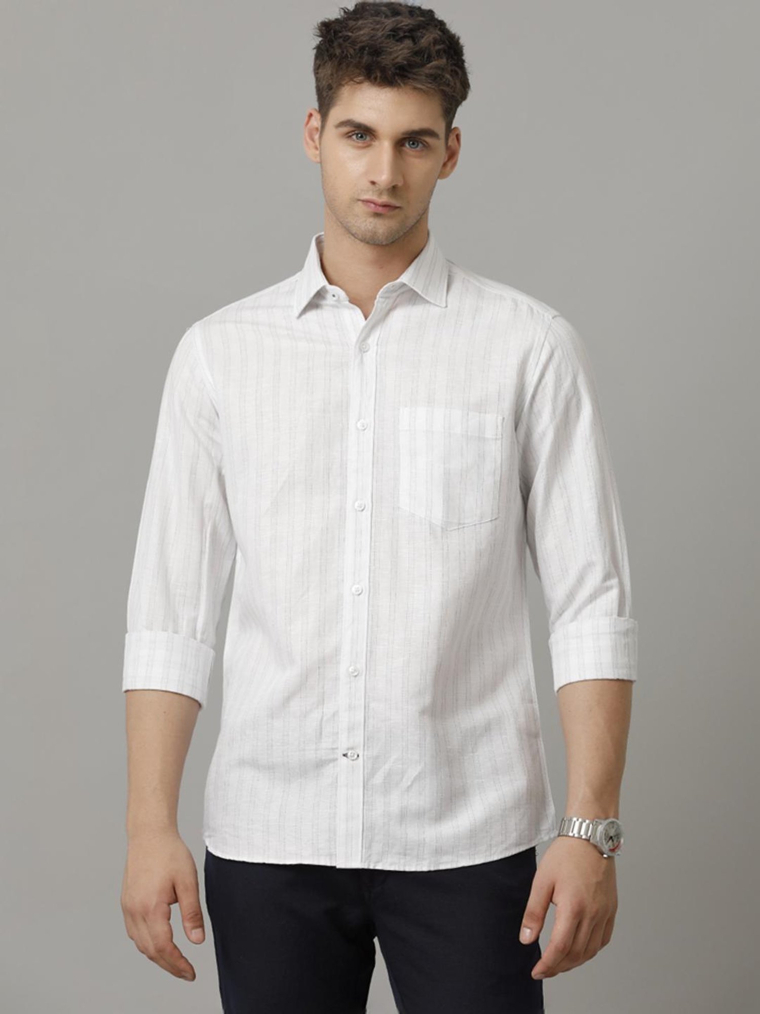Linen Club Blue Linen Contemporary Fit Striped Shirt