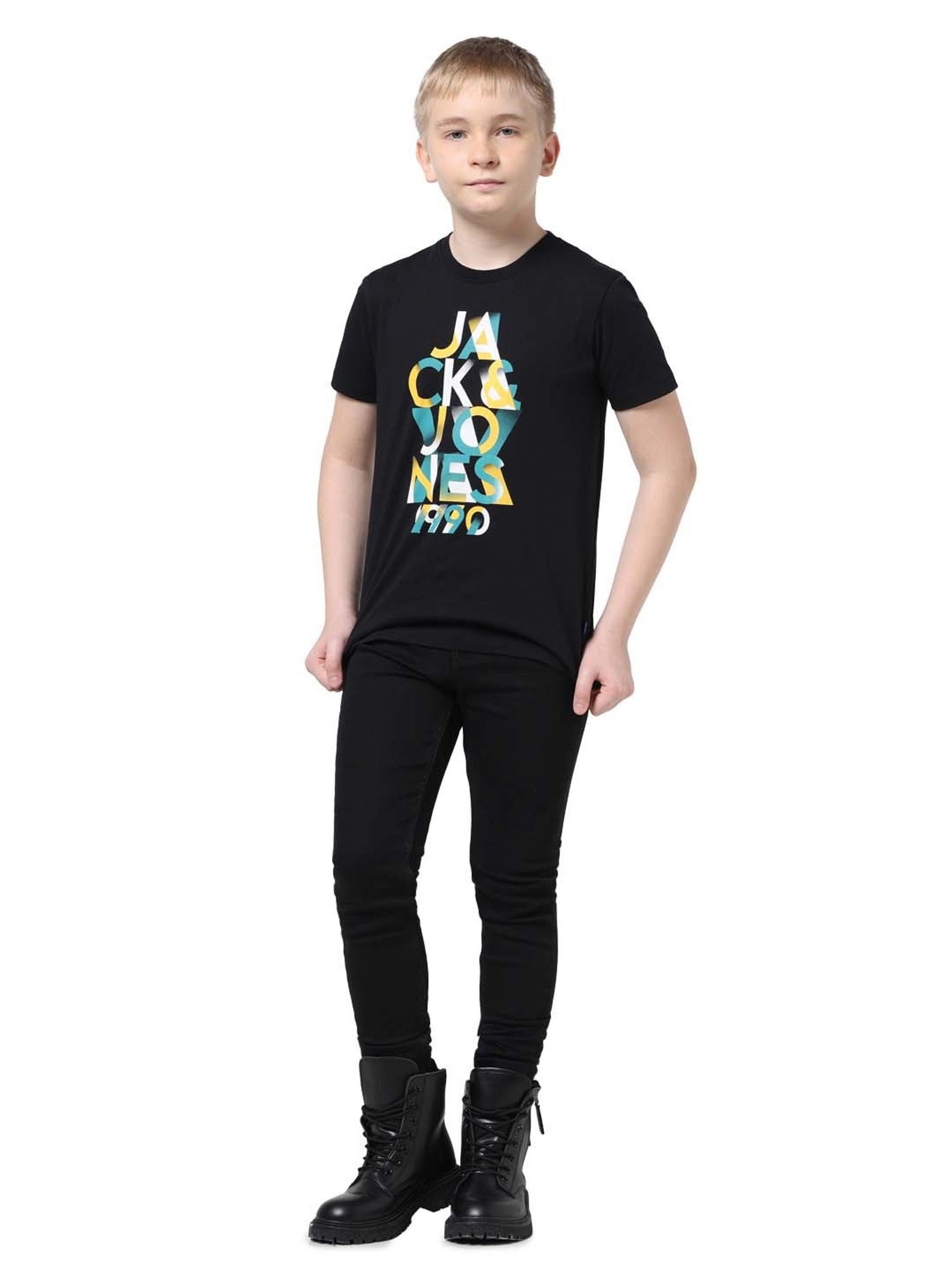 Jack & Jones Junior Boys Jet Black Cotton Printed T-Shirt