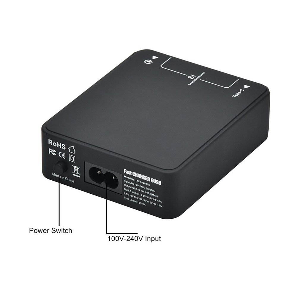 USB Wall Charger with Quick Charge 3.0 and Type-C,53W 6-Port Universal Portable Desktop USB Fast Charger Charging Station For Laptops, Tablets, and Smart Phones and Other USB Enabled Devices