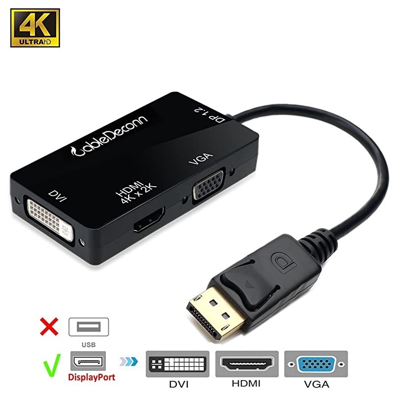 DisplayPort 1.2 to HDMI 4K DVI VGA 3 in 1 Multi-Function Cable Adapter Converter