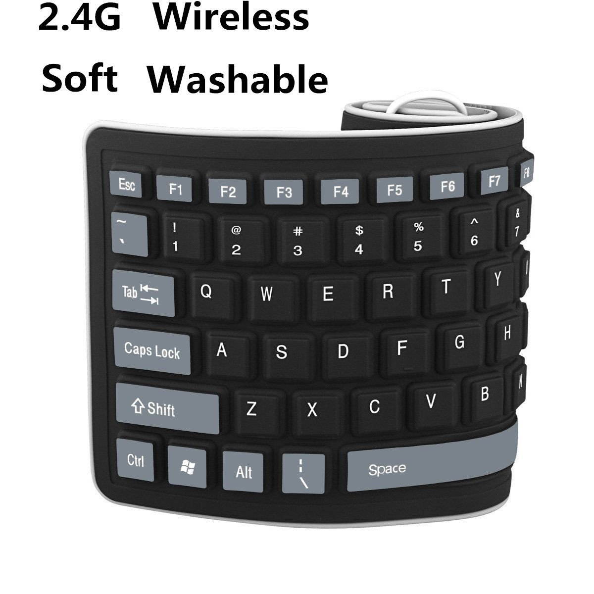 Waterproof Flexible 2.4G Mini Wireless Silicone Keyboard Spillproof Roll up Portable Folding Pocket Silent Typing Silicone Keyboard,2.4GHZ Wireless Waterproof Flexible Roll Up Silicone Rubber Keyboard