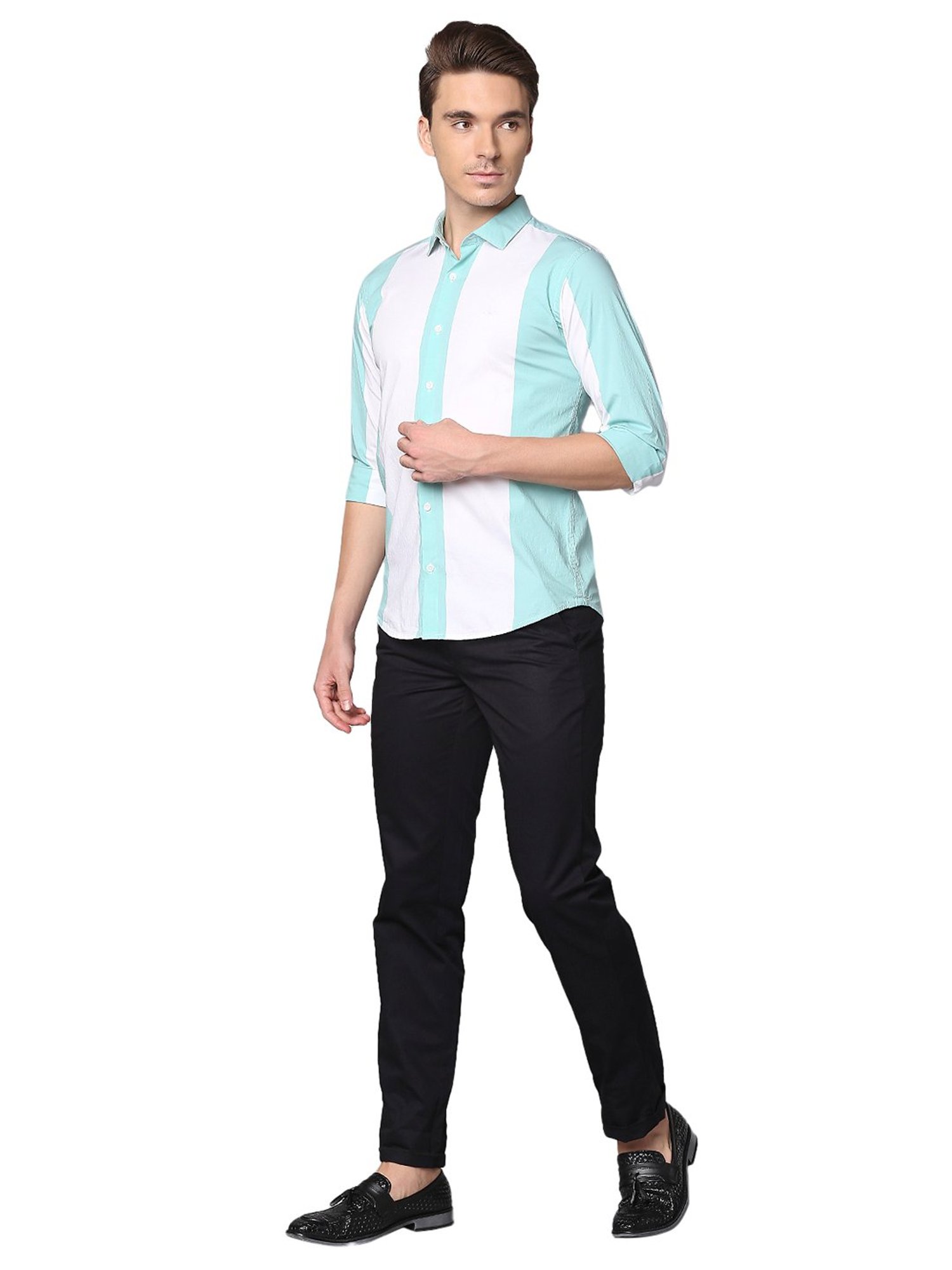 Park Avenue Green & White Slim Fit Shirt