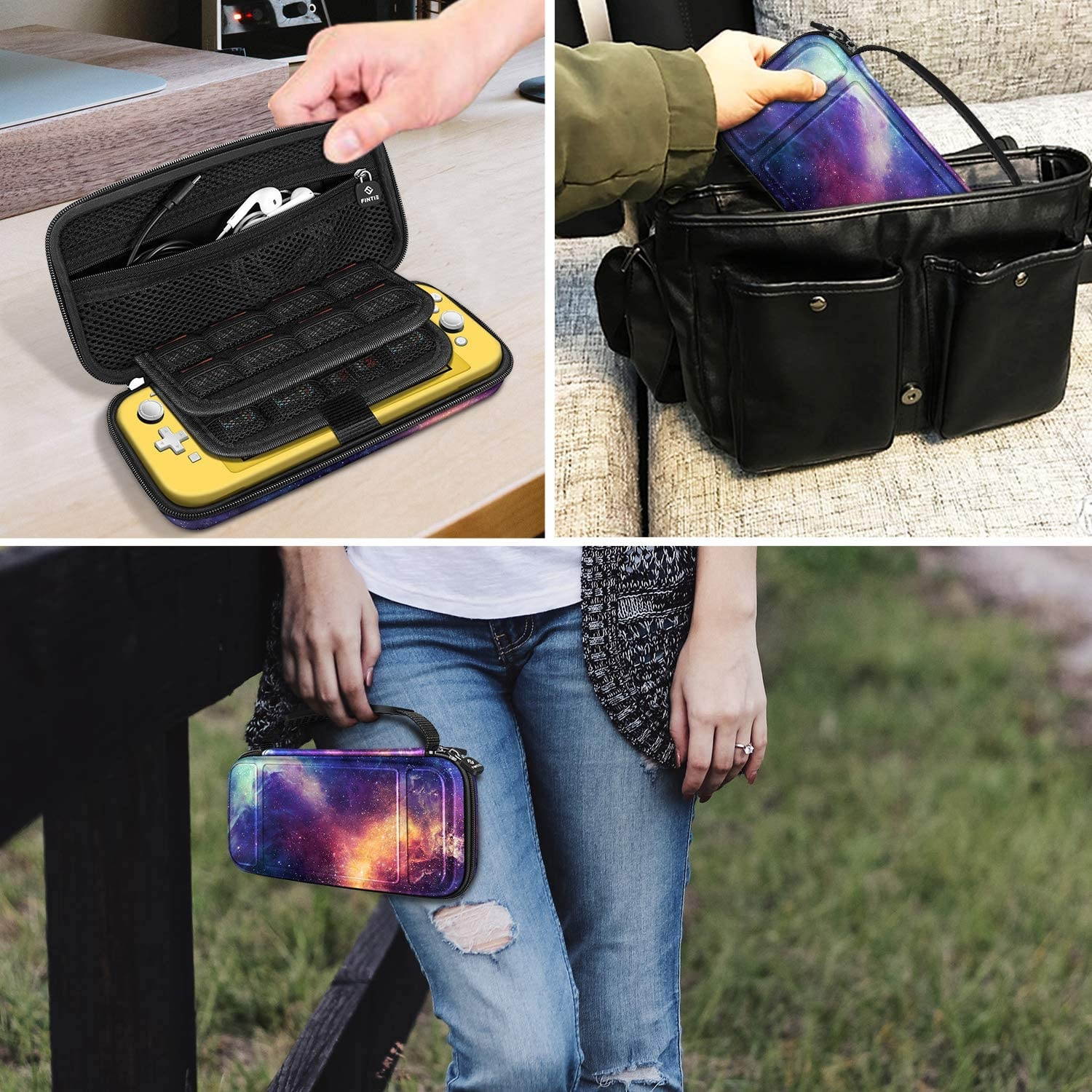 Fintie Carry Case for Nintendo Switch Lite 2019 - [Shockproof] Hard Shell Protective Cover Bag with 15 Game Card/2 Micro SD Card Slots, Inner Pocket for Switch Lite Console & Accessories, Galaxy