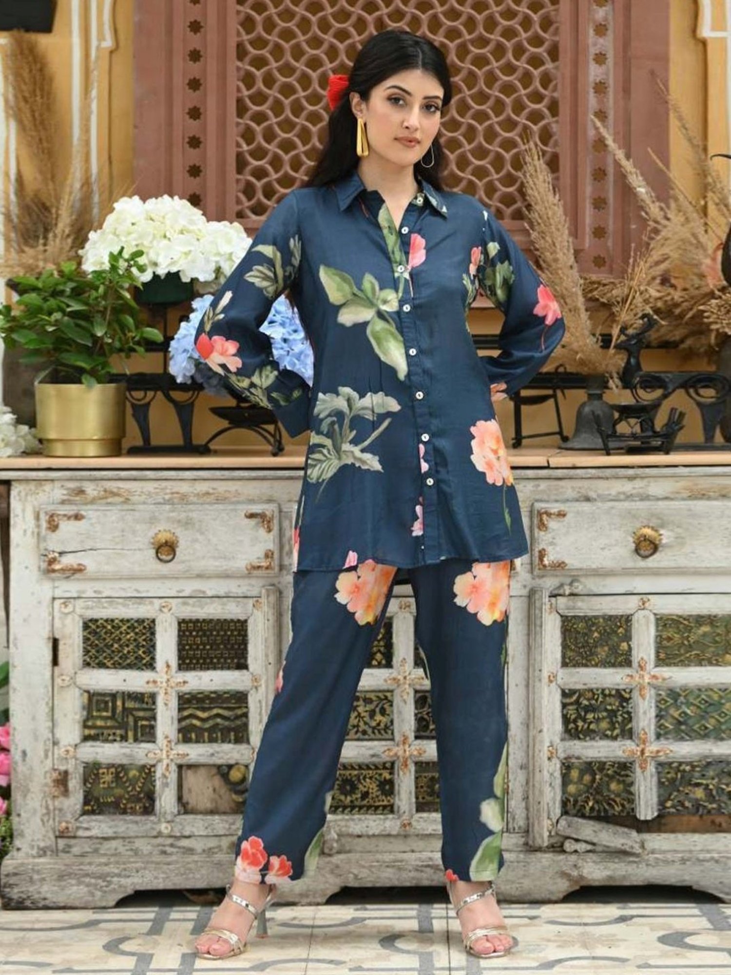 Mahee Jaipur Blue Brush Floral Print Shirt with Pant Co-ord Set