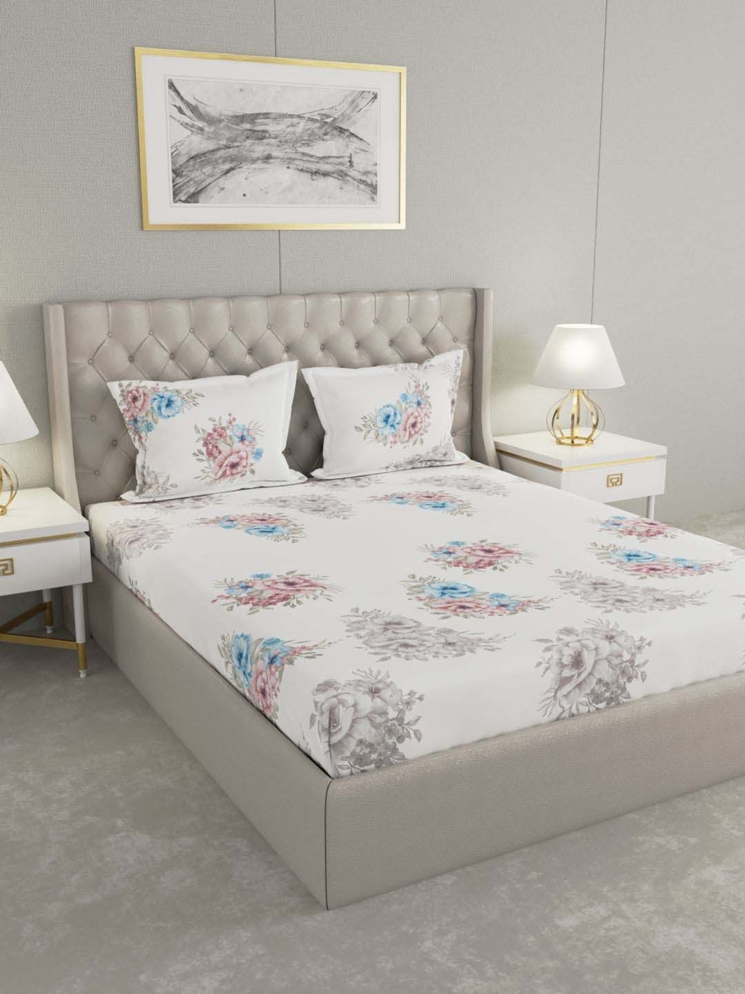 Raymond Home Vision White & Red 144 TC Cotton King Bedsheet with 2 Pillow Covers