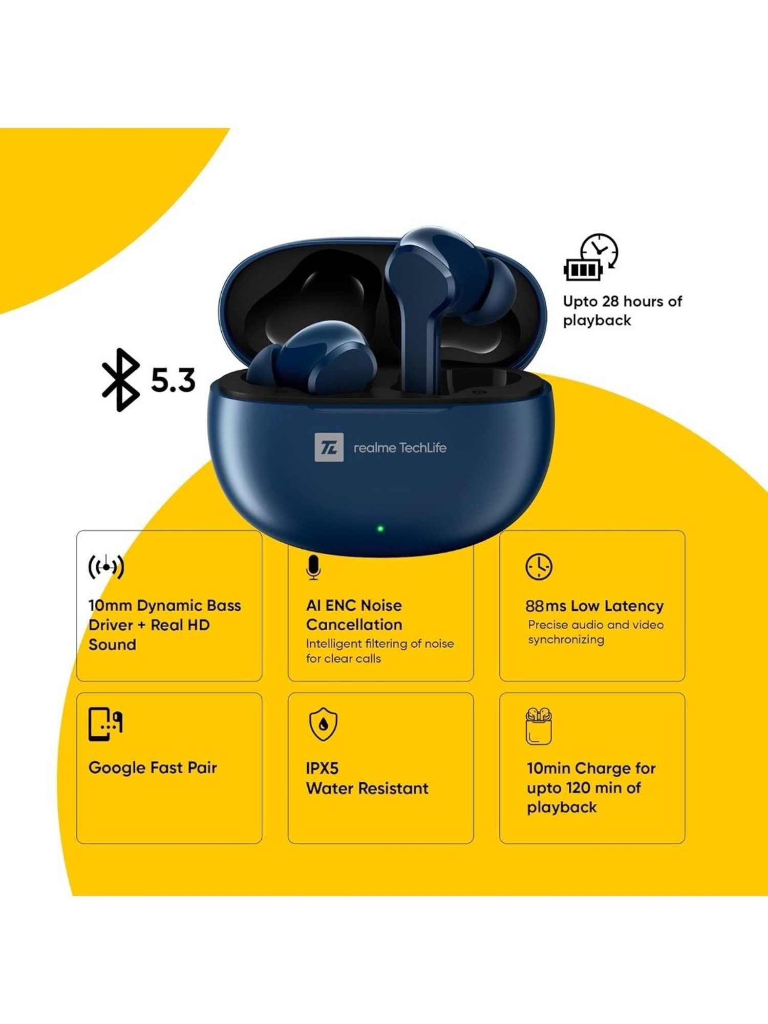 realme TechLife Buds T100 In Ear BT Earbuds with AI ENC for Call, 28H Playback (Blue, True Wireless)