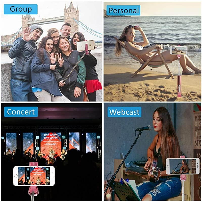 Selfie Stick Tripod Bluetooth,  Mini Extendable Aluminum Selfie Stick with Wireless Remote and Tripod Stand 360 Rotation for iPhone 11/XS/XR/X/8/7 Plus, Samsung and Android Phone (Pink)