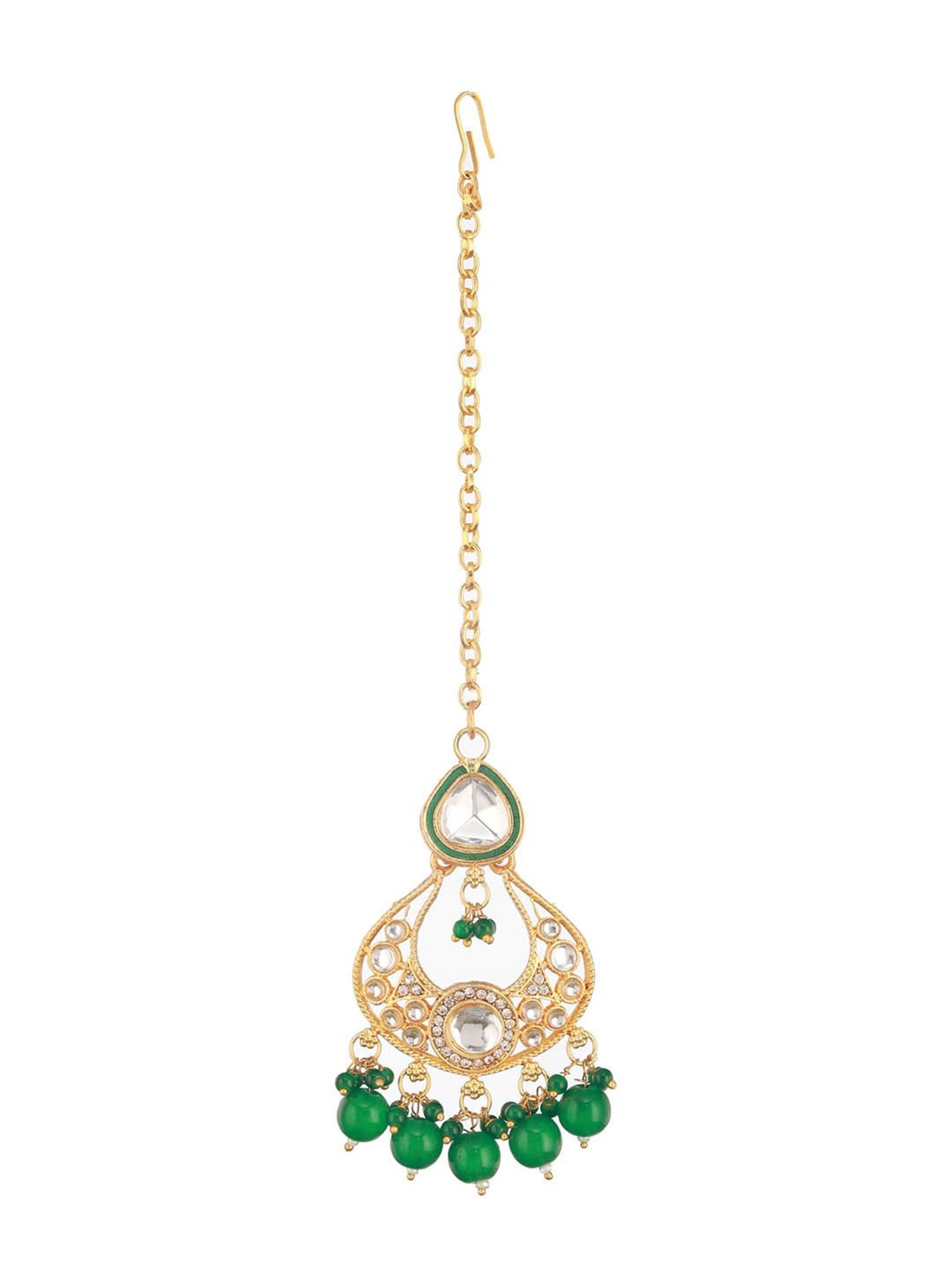 Aatmana Gold-Plated Green & White Kundan-Studded Jewellery Set with Maangtikka for Women