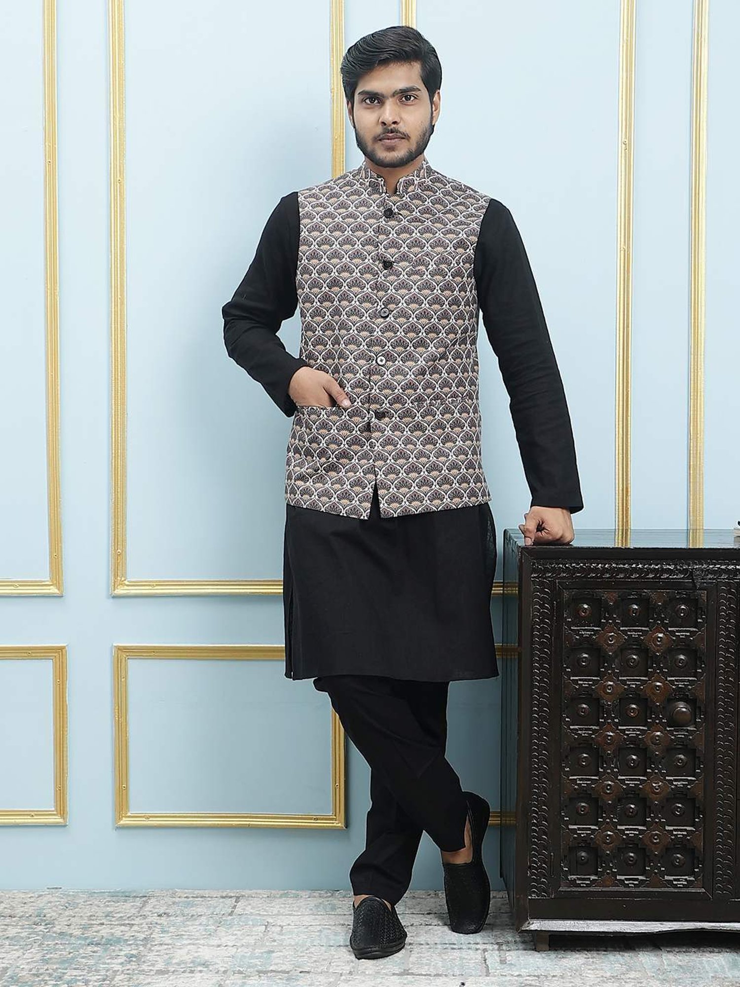 See Designs Black Slim Fit Printed Nehru Jacket