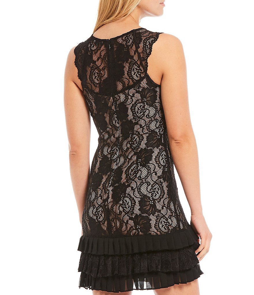 Kensie Illusion Neck Stretch Lace Satin Ruffle Hem Shift Dress