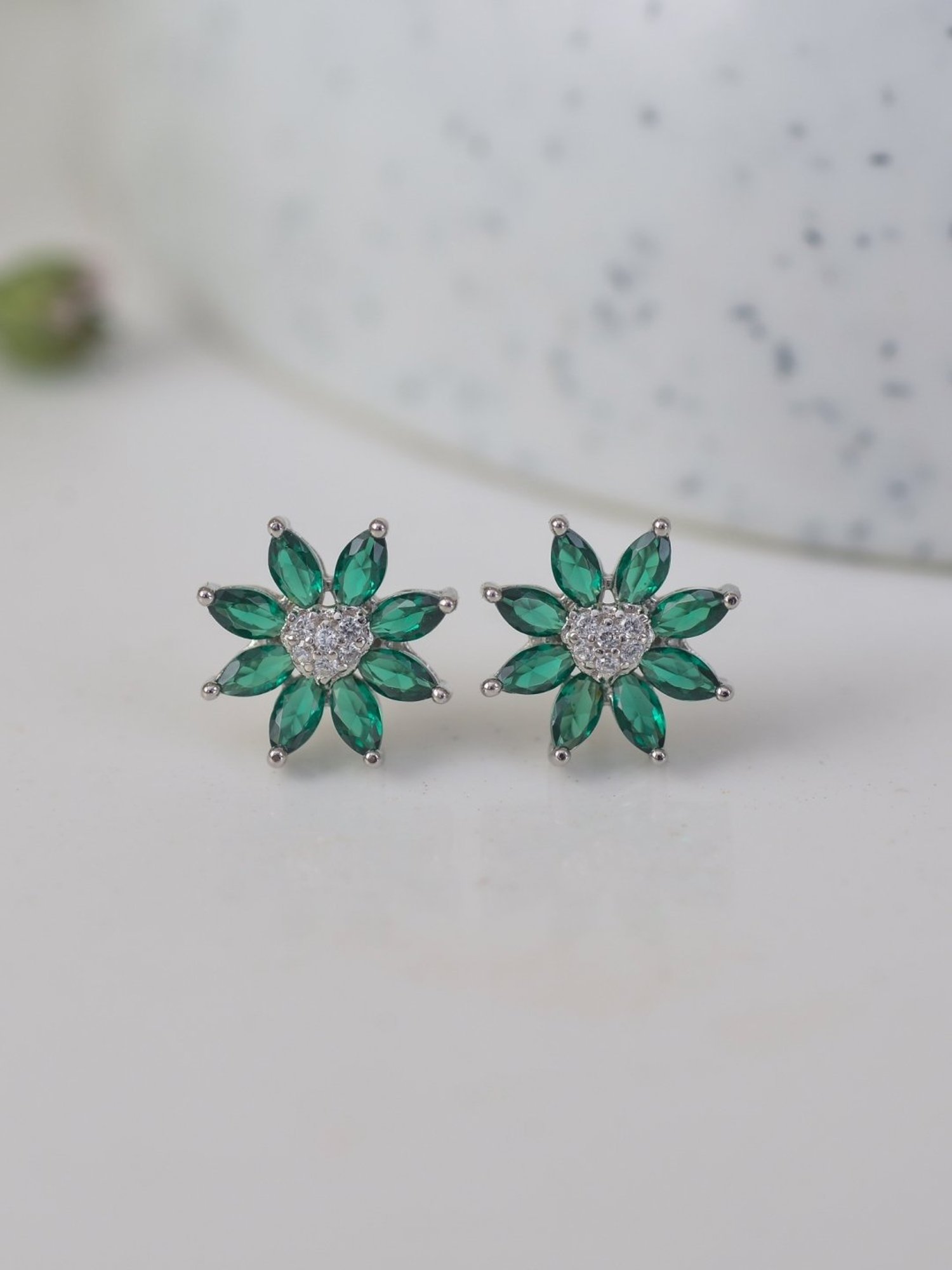 925 Silver Marquise Green Emerald and American Diamond Flower Stud Earrings for Women & Girls