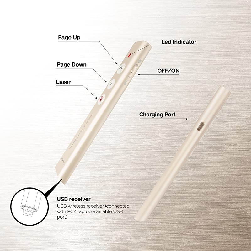 Aluminum 24G Rechargeable Wireless Presenter Remote Clicker with Red Pointer Mac Keynote and Windows PowerPoint PPT Clicker Office Presentation Pointer Gold
