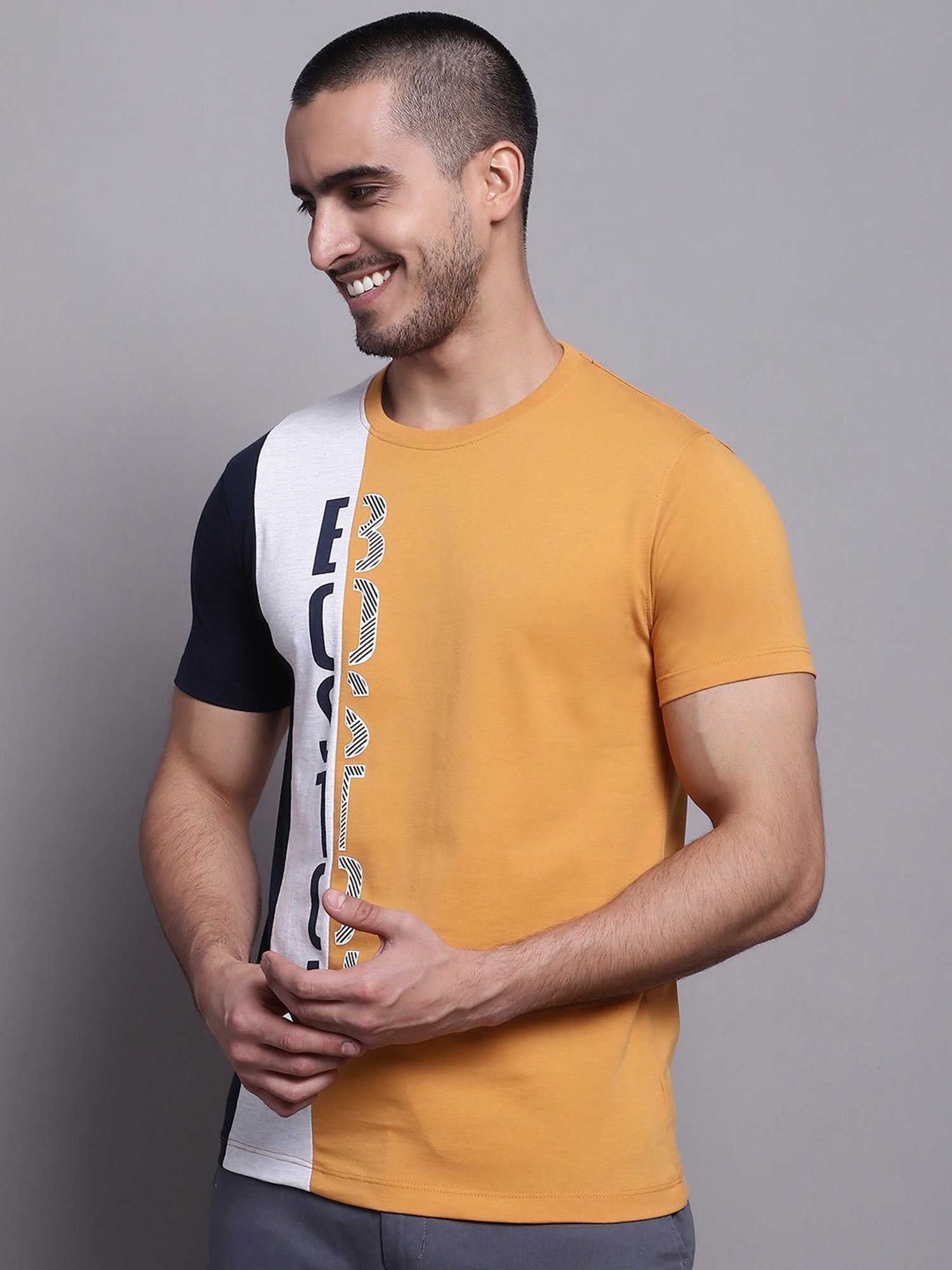 Cantabil Mustard Regular Fit Printed Crew T-Shirt