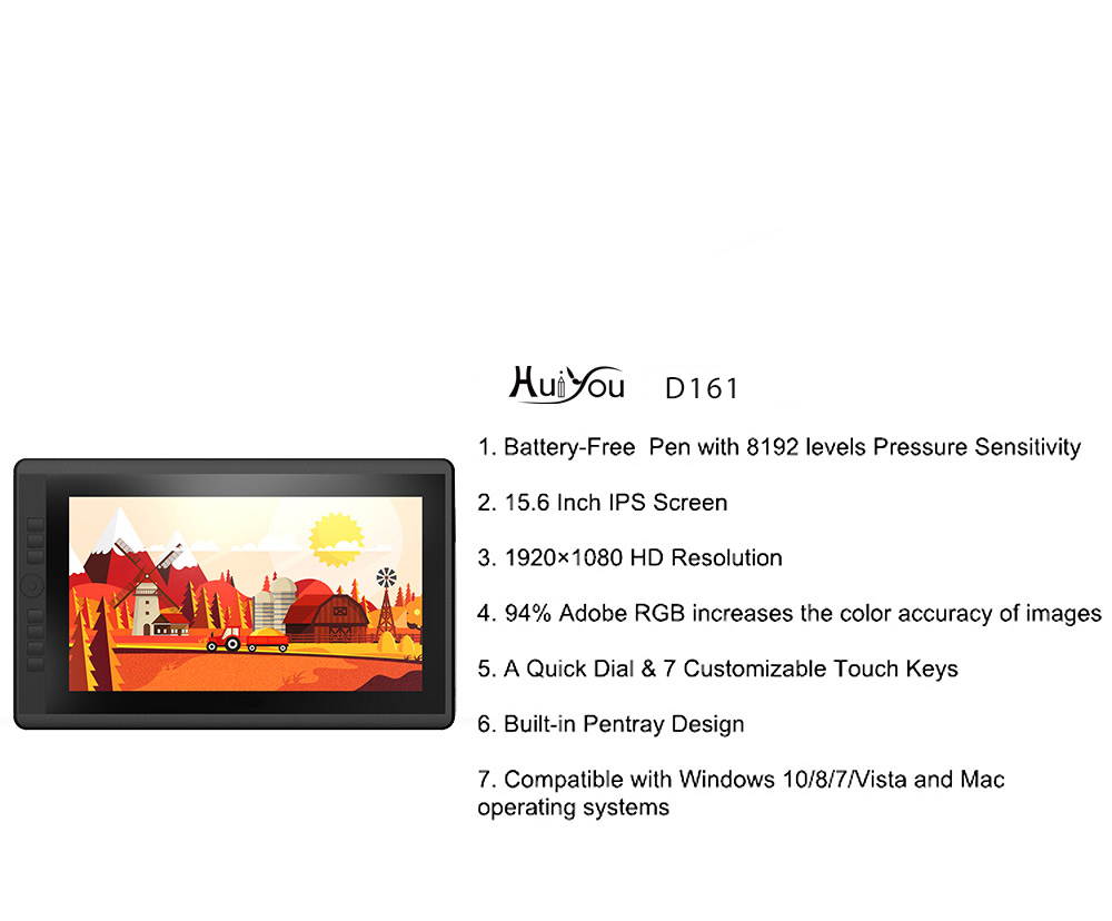 HUIYOU D161 15.6-inch Drawing Tablets with 7 shortcut keys (92% NTSC, 8192 liquid level pressure, 2 batteryless pens) with stand