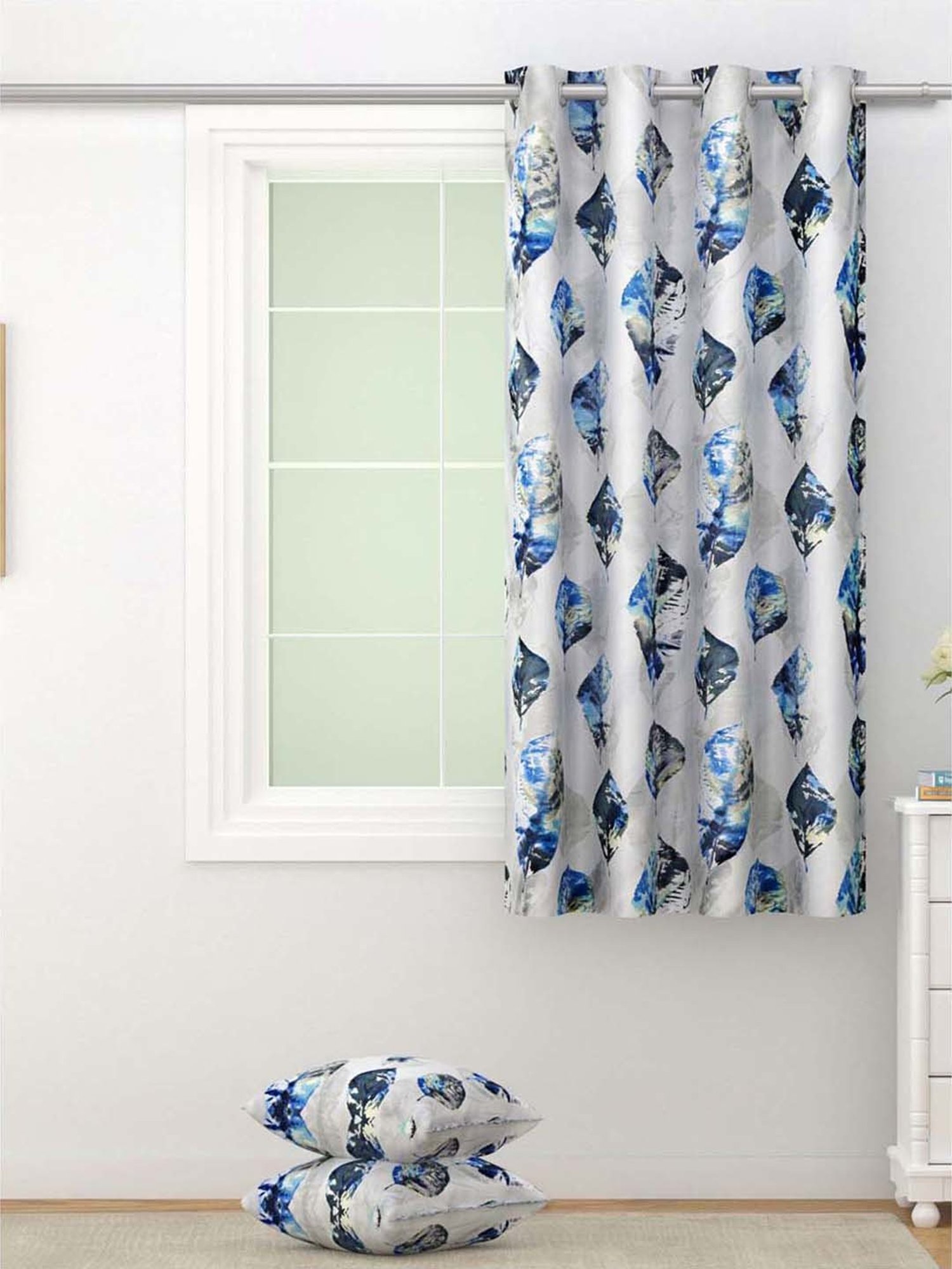 Swayam Cream & Blue Printed Faux Silk Door Curtains - Set of 2