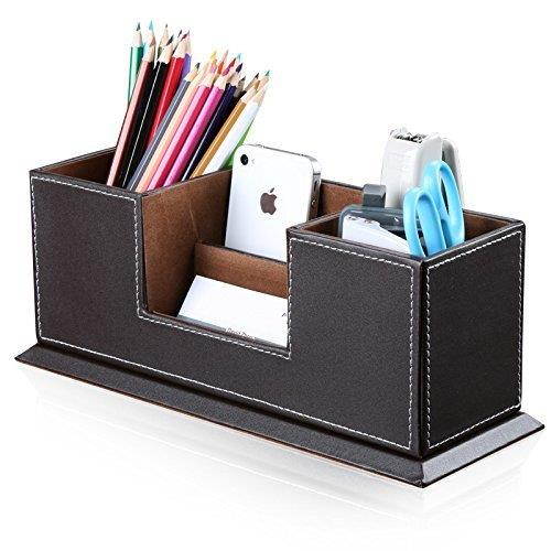 KINGFOM&trade; Double Holder Wood Leather Multi-Function Desk Stationery Organizer Dark Brown