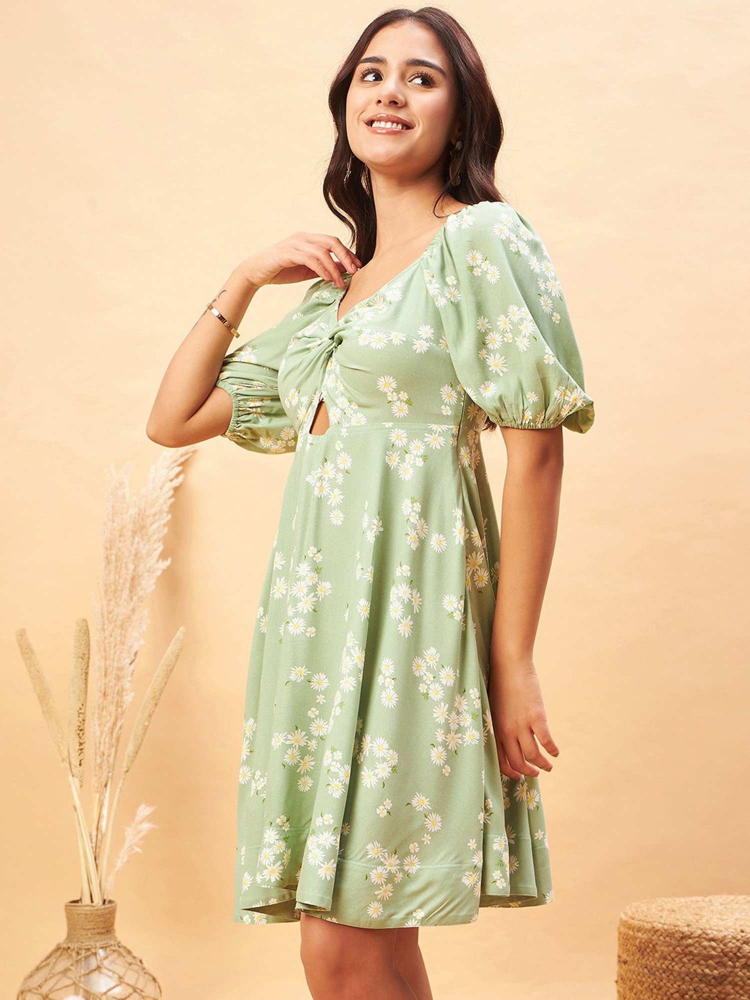 Magre Light Green Floral Print A Line Dress