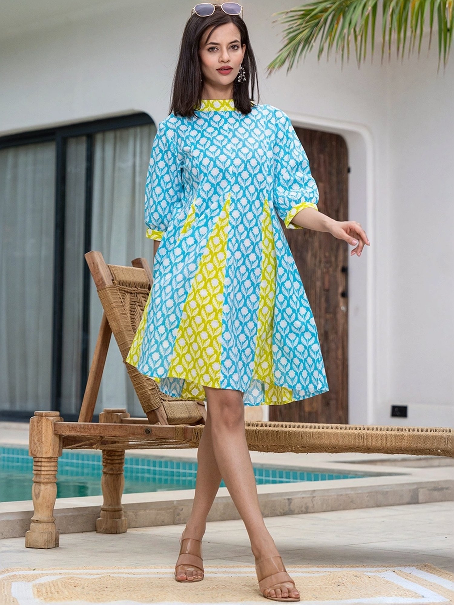 Yufta Blue & Green Cotton Printed A-Line Dress