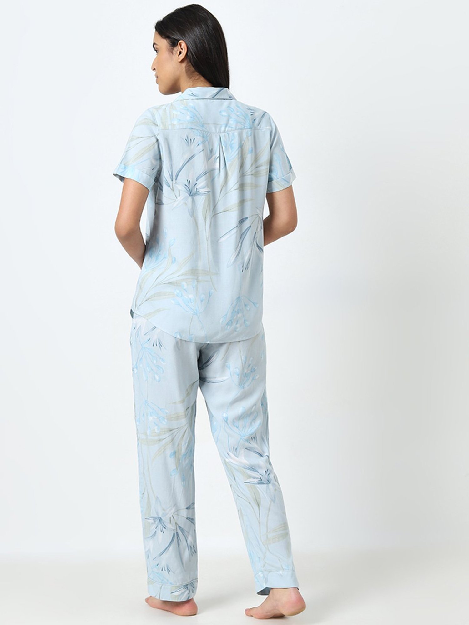 Wunderlove by Westside Light Blue Floral Shirt and Pyjamas Set