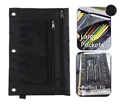 1InTheOffice Pencil Pouch 3 Ring, Black, "2 Pack" (Canvas Black)