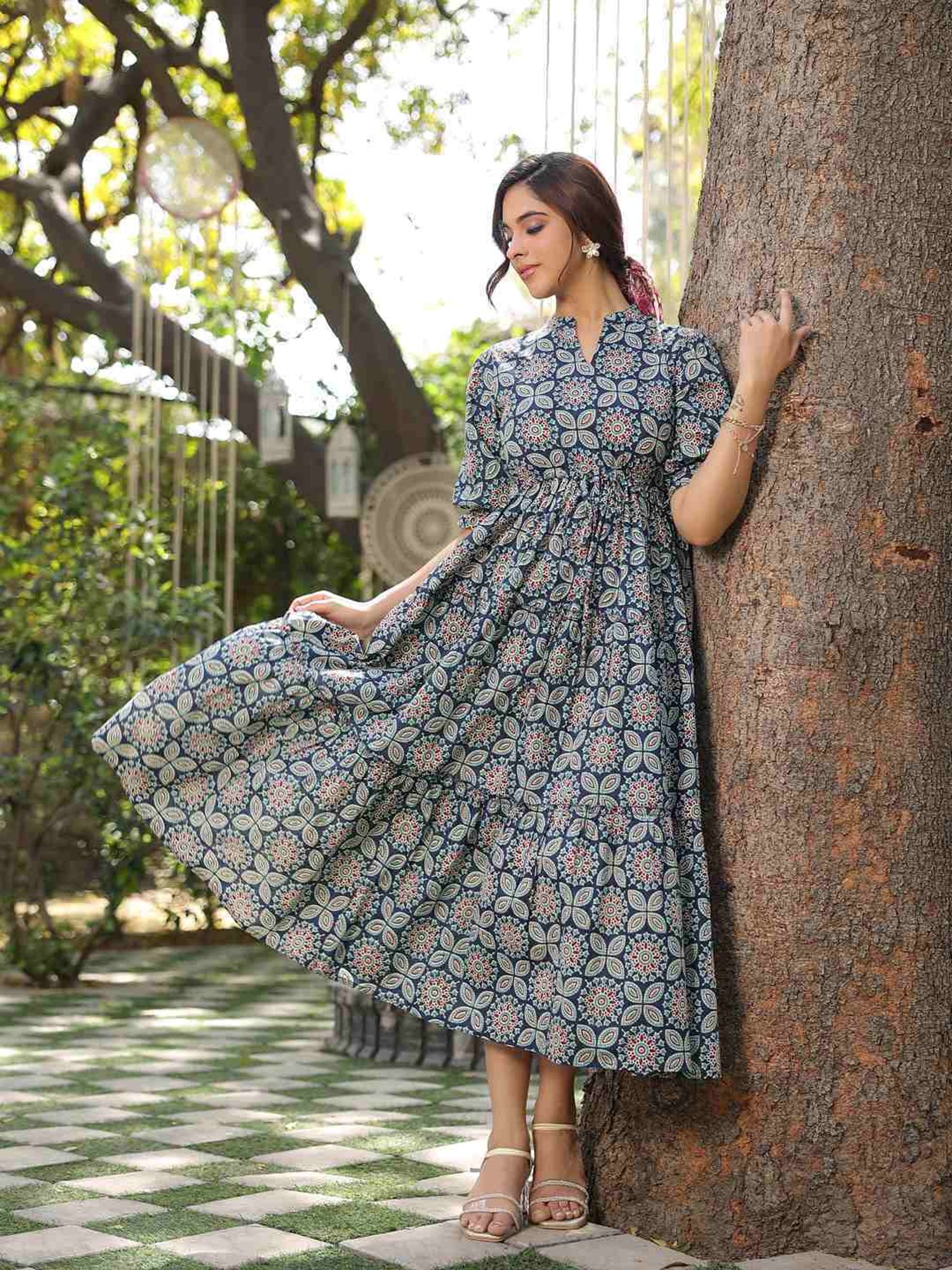 Rain and Rainbow Blue Cotton Printed A-Line Dress