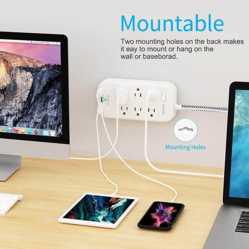 Outlets Power Strip Flat Plug with 3 USB Charing Ports 31A 15W Ft Braided Extension Cord Wall Mountable Outlet Extender with Overload Protection Switch for Home Office Cruise Ship White