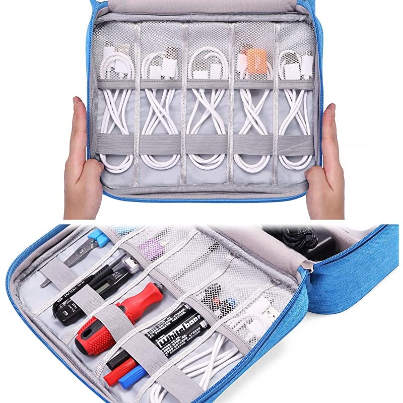 Electronic Organizer Travel, Universal Waterproof Carrying Case Cable Organizer Electronics Accessories Cases for USB Cables, Charger, Power Bank, Phone, E-Book Kindle, iPad or Tablet (Blue)
