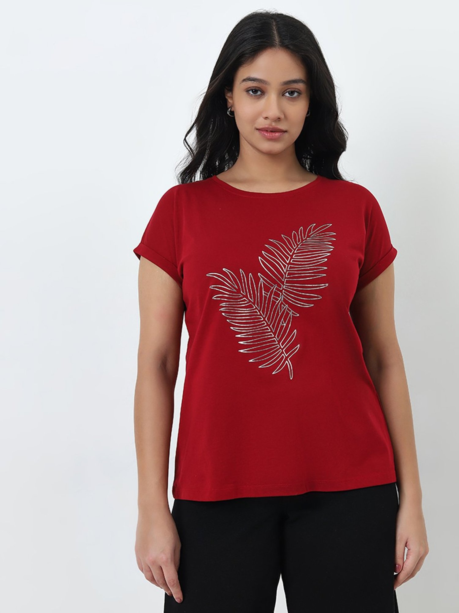 Gia by Westside Red Leaf Printed Cotton T-Shirt