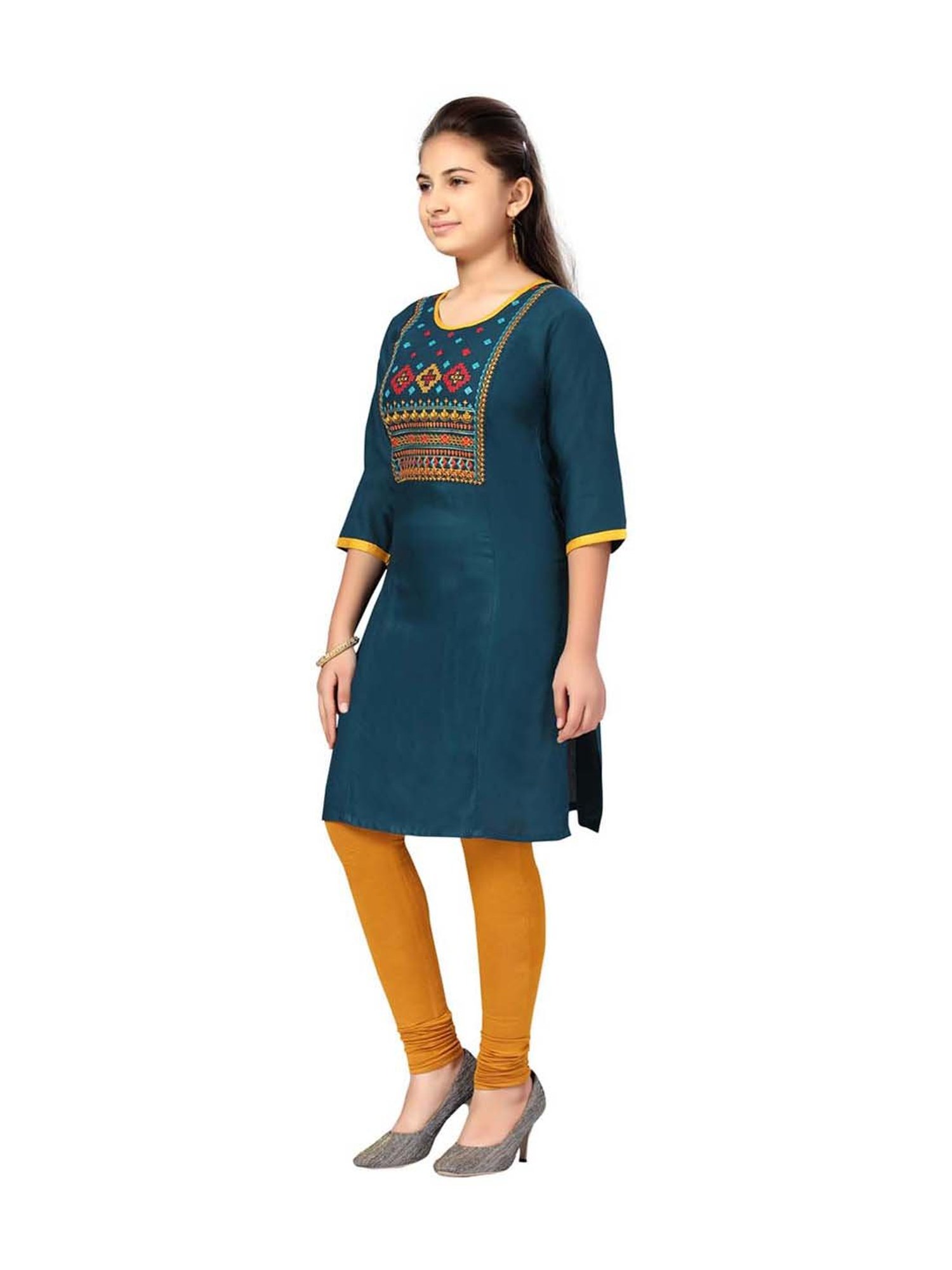 Aarika Kids Dark Green Cotton Embroidered Kurti