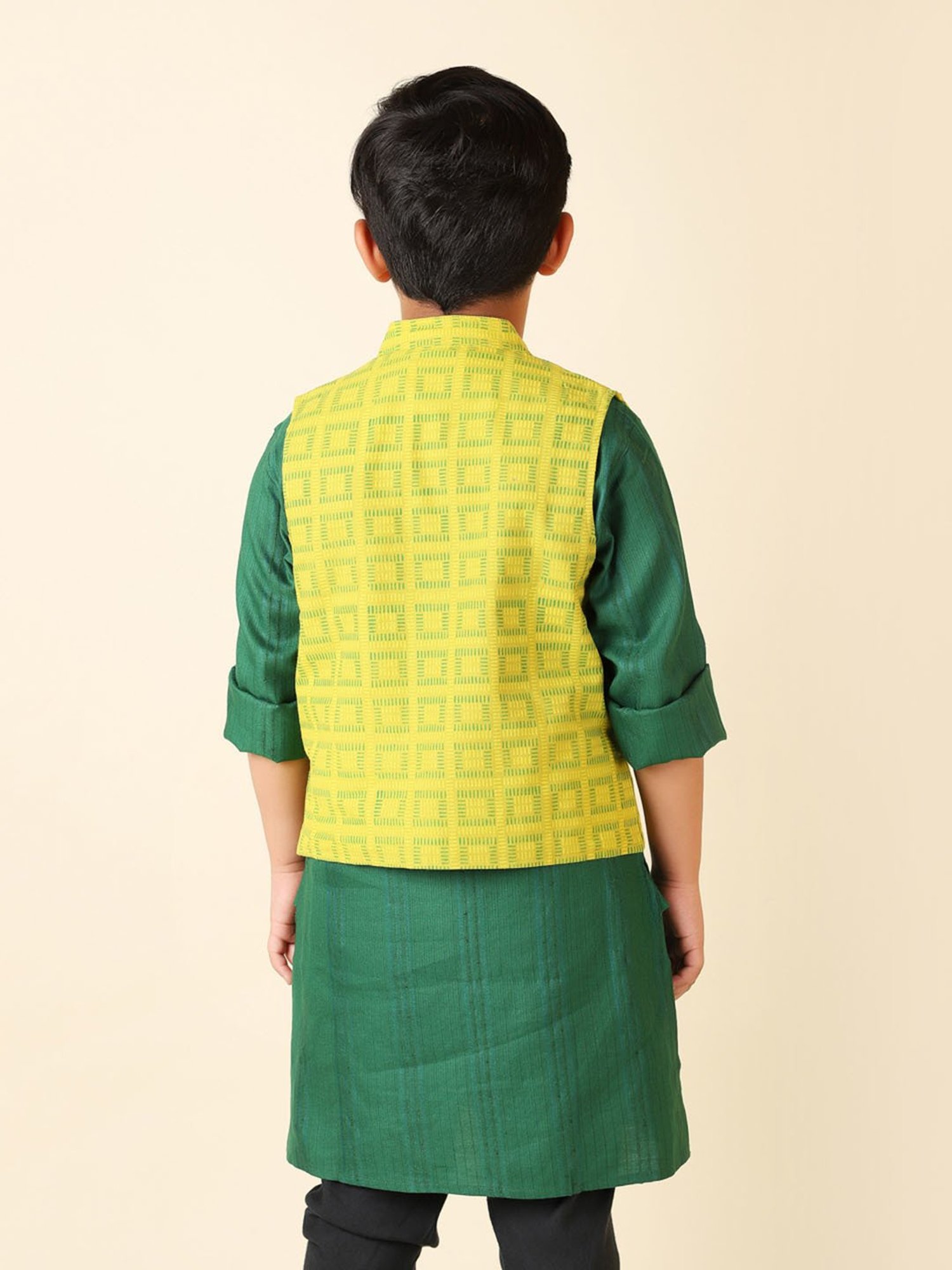 Fabindia Kids Lime Green Printed Nehru Jacket