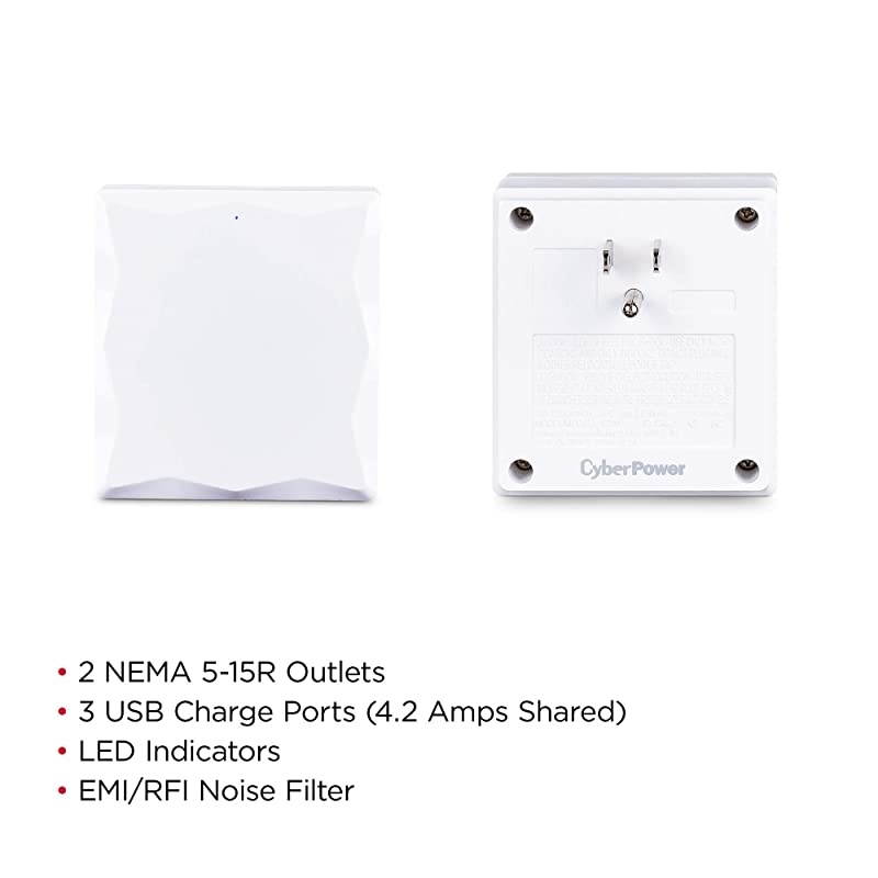 P2WU Professional Surge Protector, 500J/125V, 2 Outlets, 3 USB-A Charge Ports, White Wall Tap