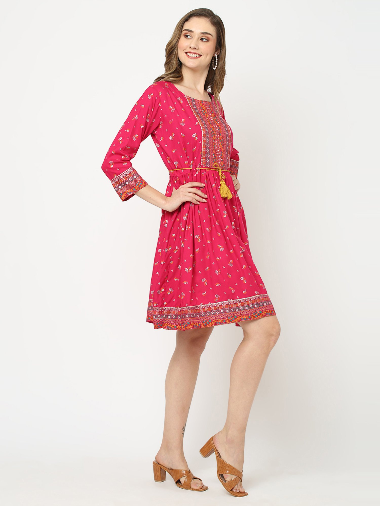 KIANA Pink Printed A-Line Dress