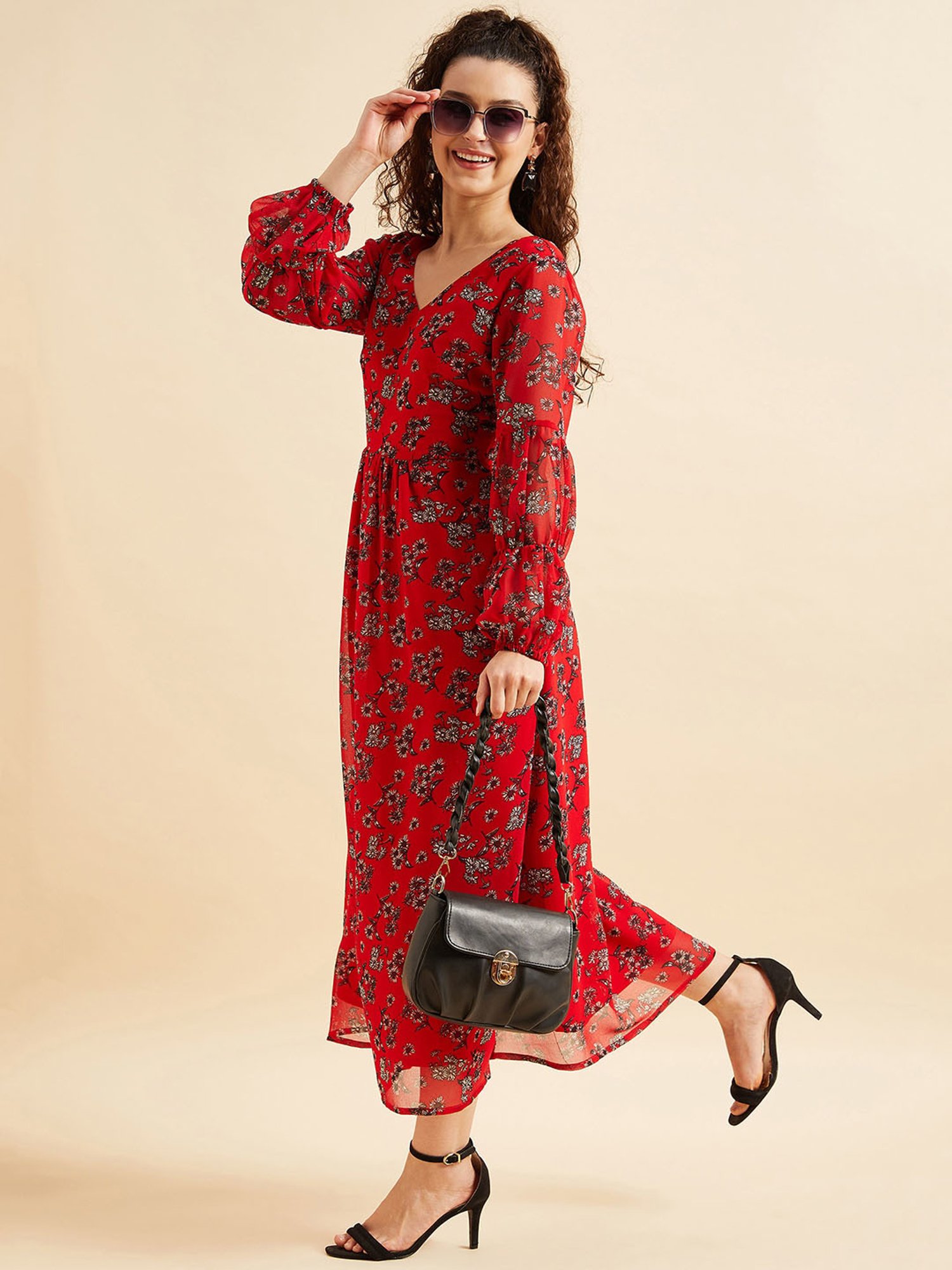 PANIT Red Floral Print Ethnic Dress