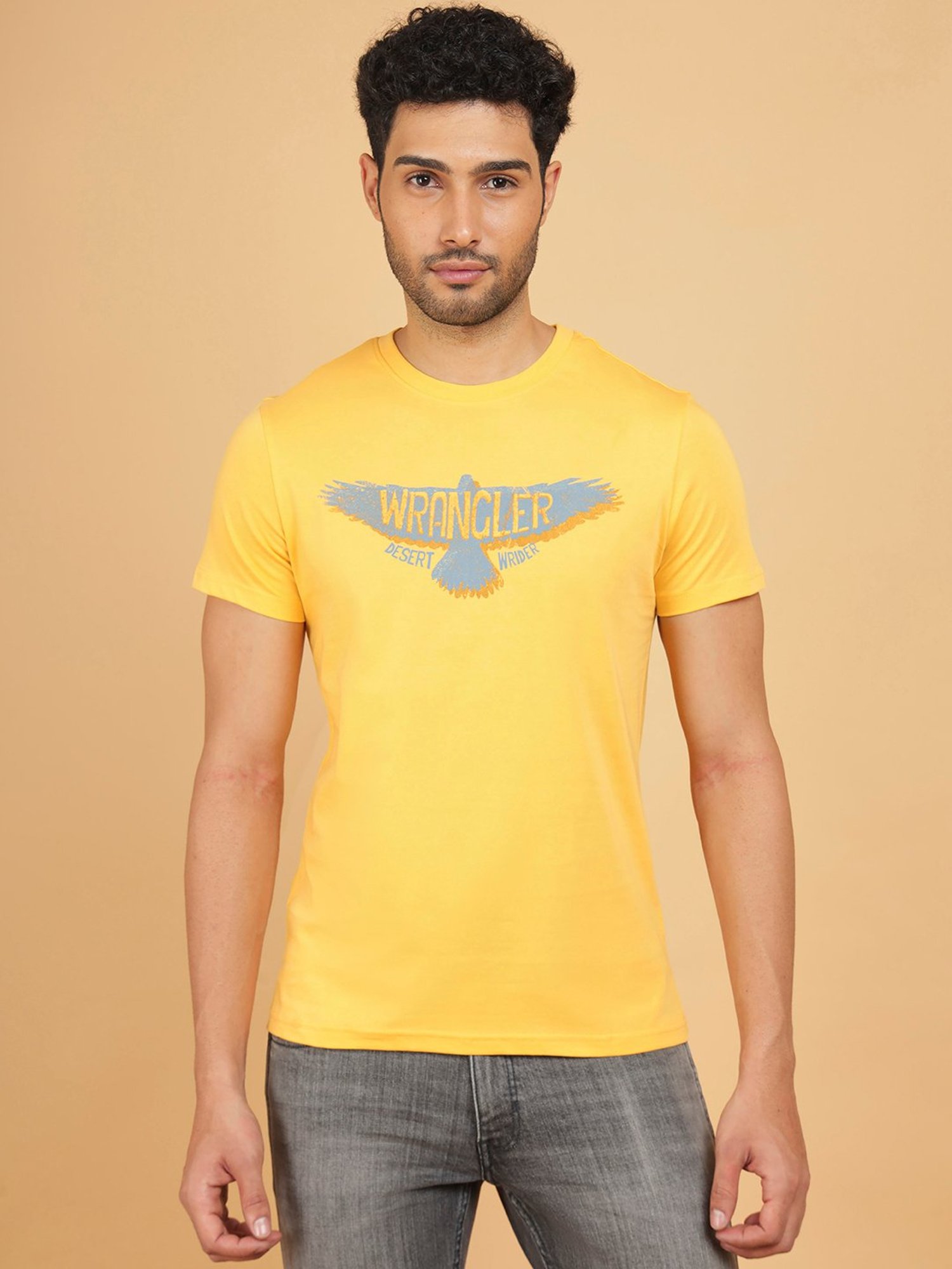 Wrangler Yellow Regular Fit Graphic Print Cotton Crew T-Shirt
