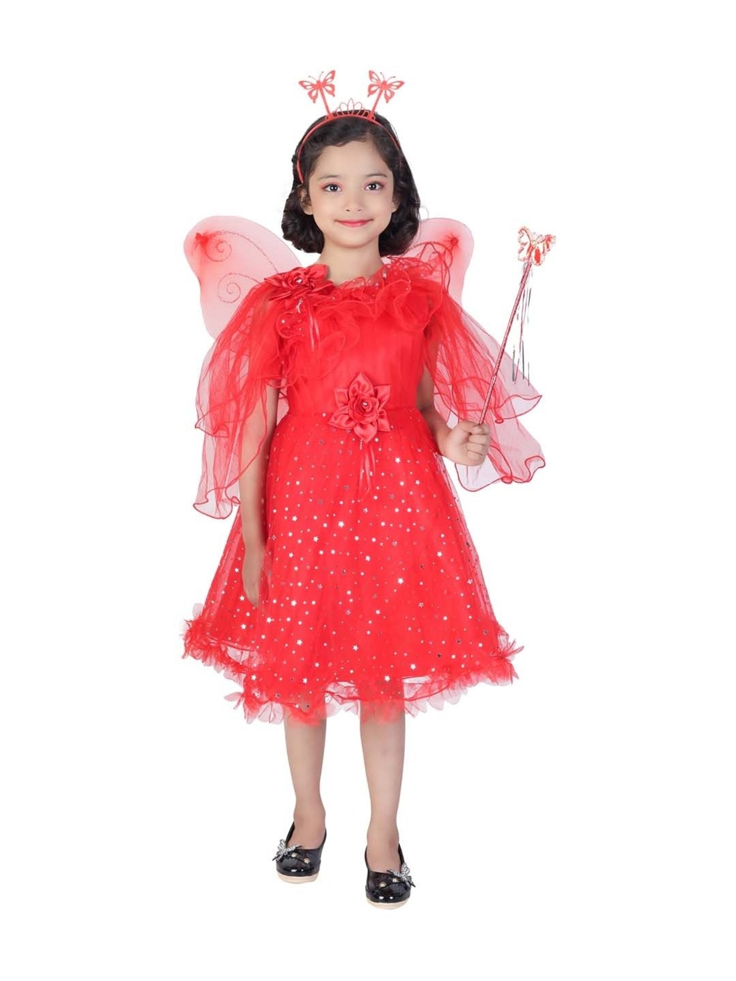 Ahhaaaa Kids Red Cotton Sequence Dress