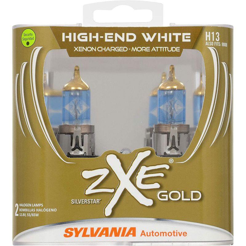 Sylvania H13SZG.PB2 SilverStar zXe Gold High Performance Xenon Fueled Halogen Headlight Bulbs with HID Attitude and Alloy Coating, 2 Pack