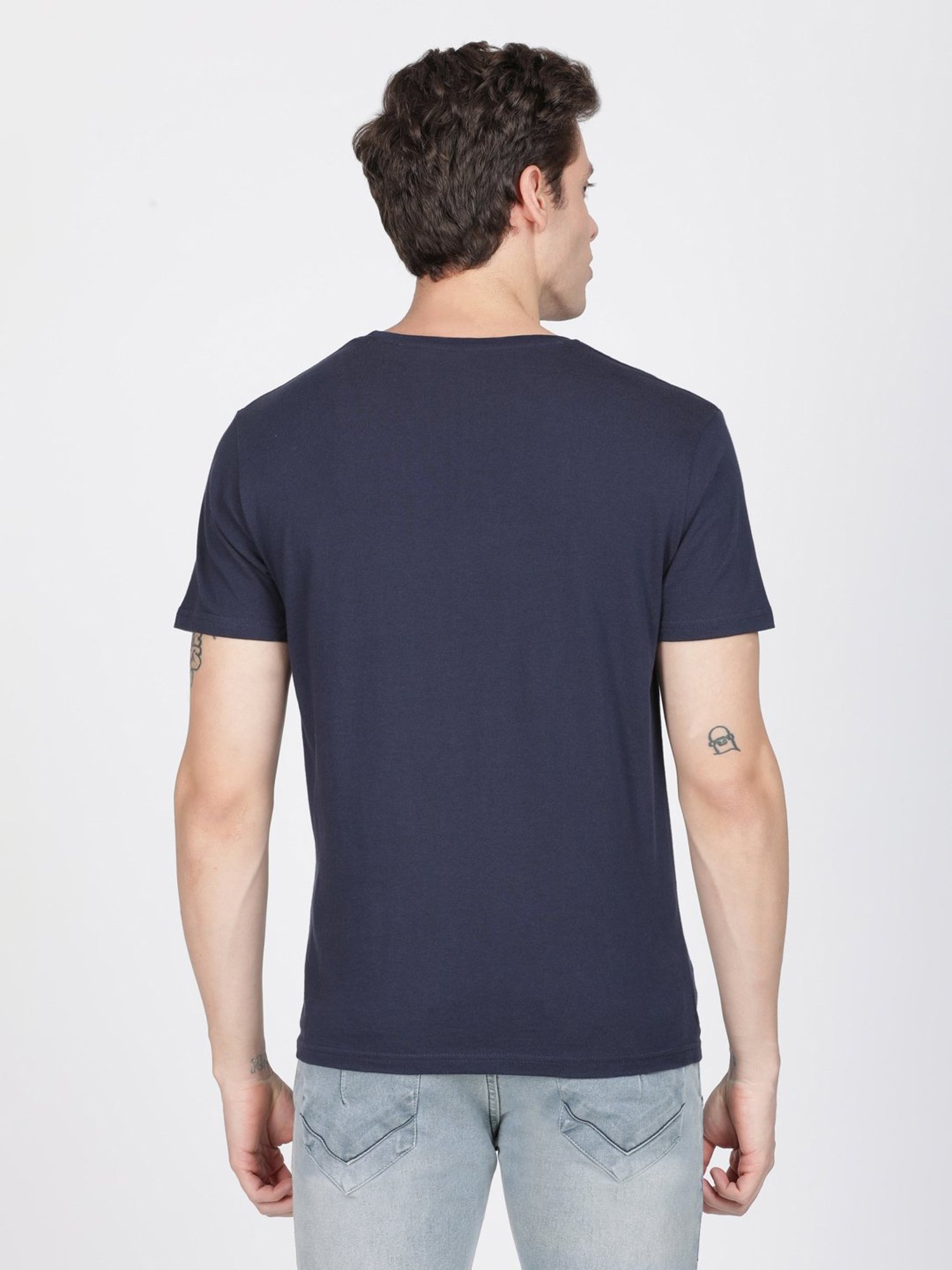 BLACK RADIO Navy Slim Fit Printed Cotton Crew T-Shirt