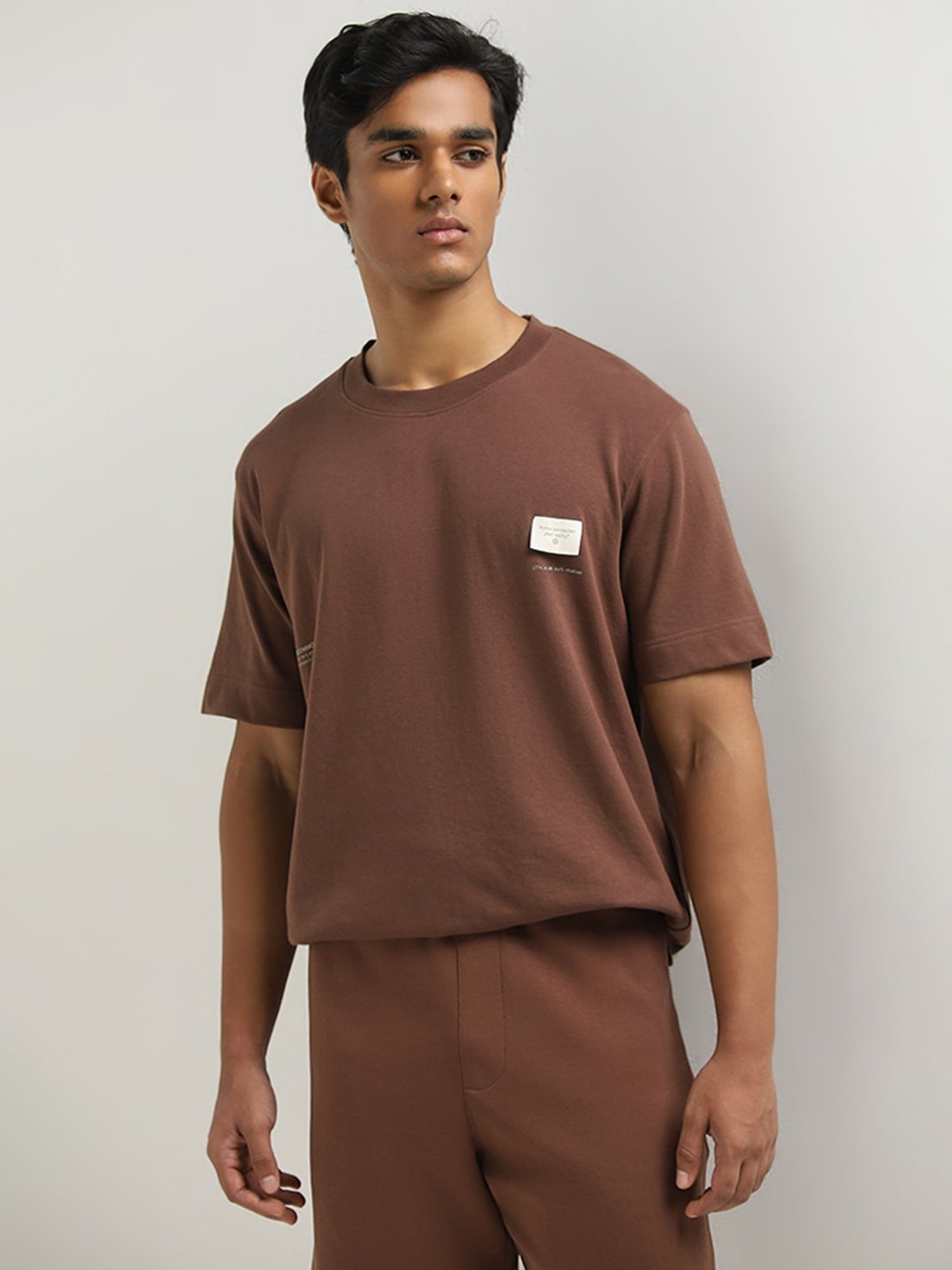 Studiofit by Westside Brown Text Pattern Relaxed-Fit T-Shirt