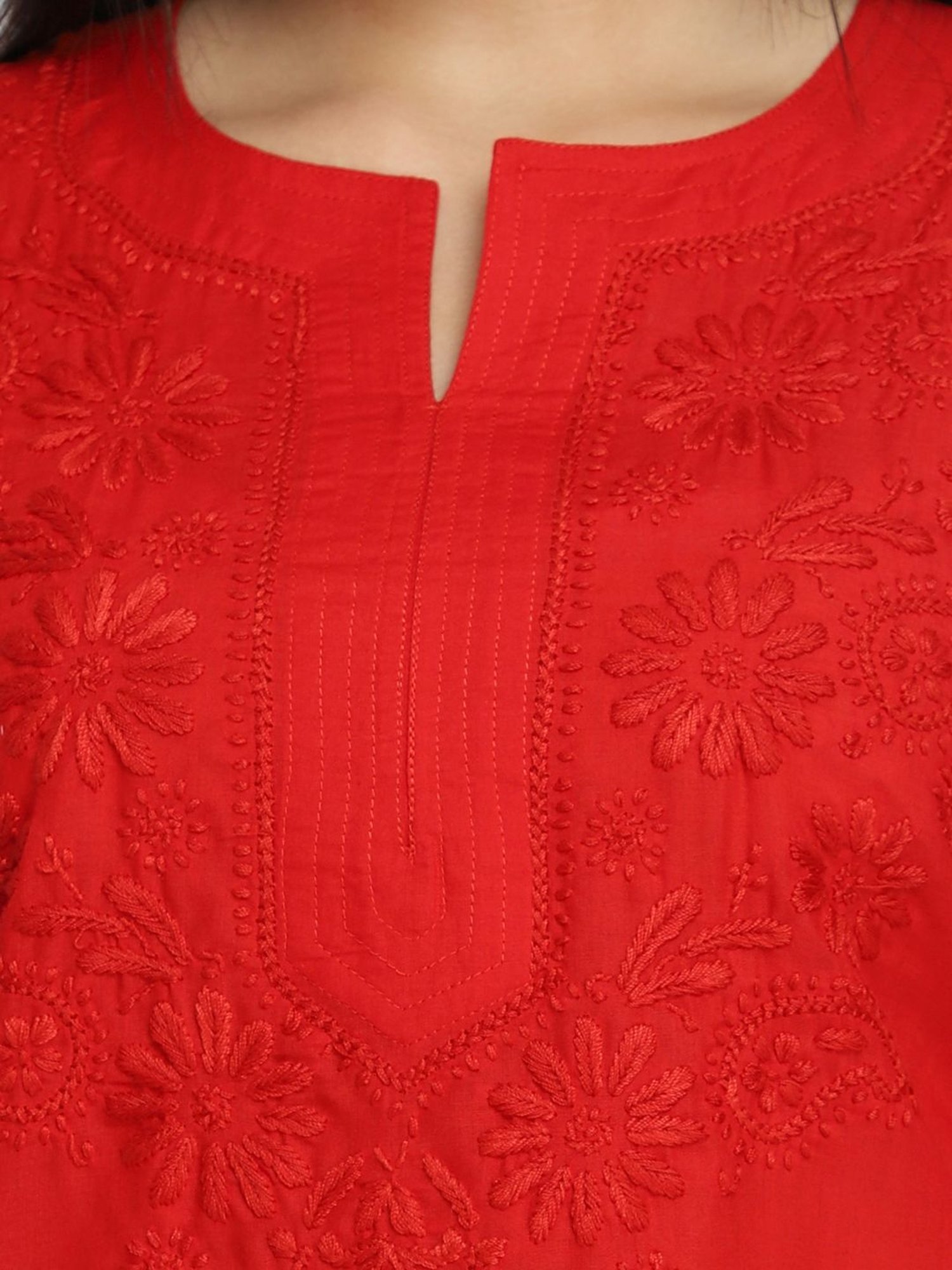 PARAMOUNT CHIKAN Red Cotton Chikankari Straight Short Kurti
