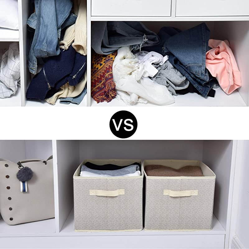 Storage Bin for Shelves, Fabric Closet Organizer Shelf Cube Box with Handle Home Office Storage Baskets, Beige, Extra Large, 3-Pack