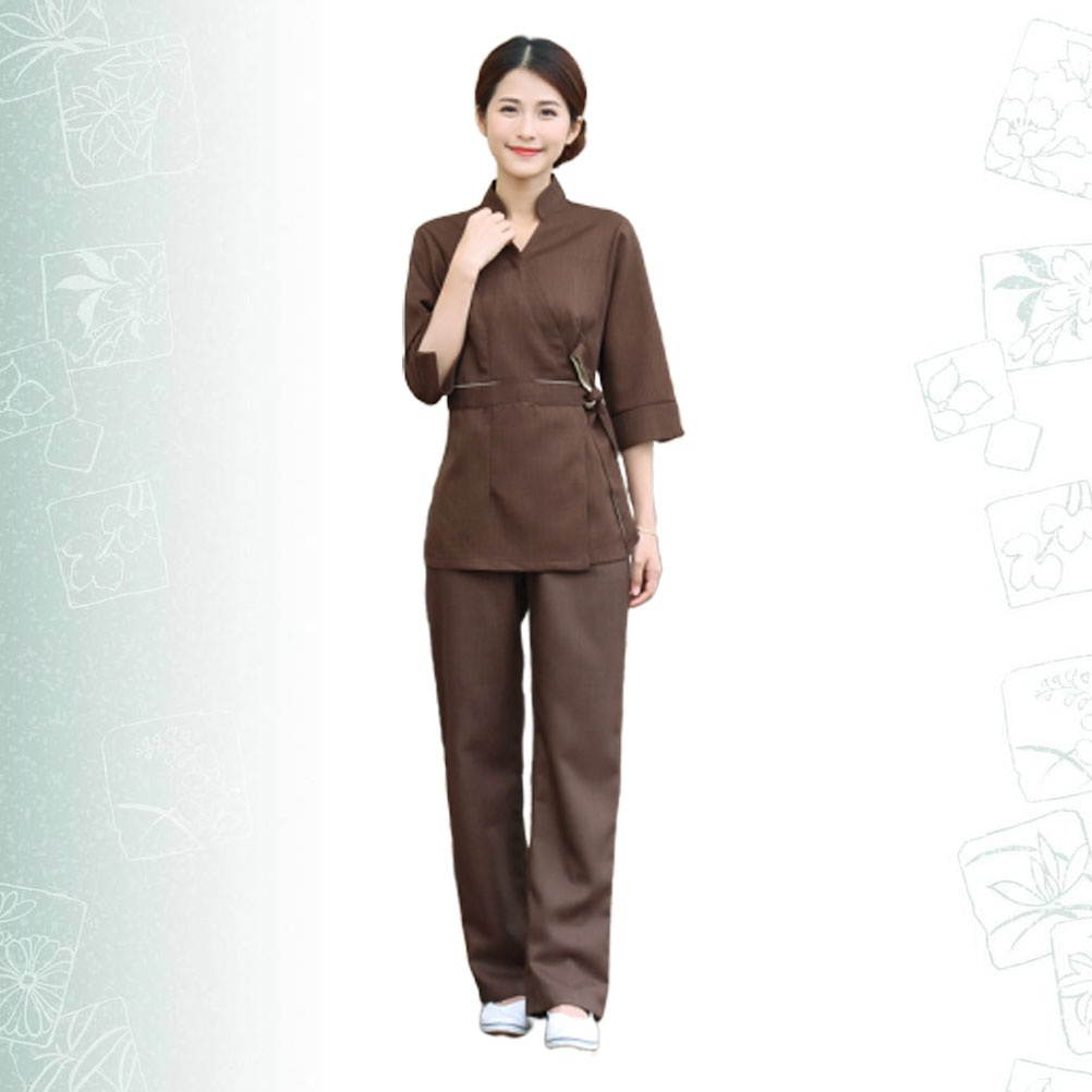 1 Set/2pcs Unique Design Beautician Uniform Hospital Apparel Clothes Labour Suit Two-pieces Fashion Costume for Woman (Coffee, Size M)
