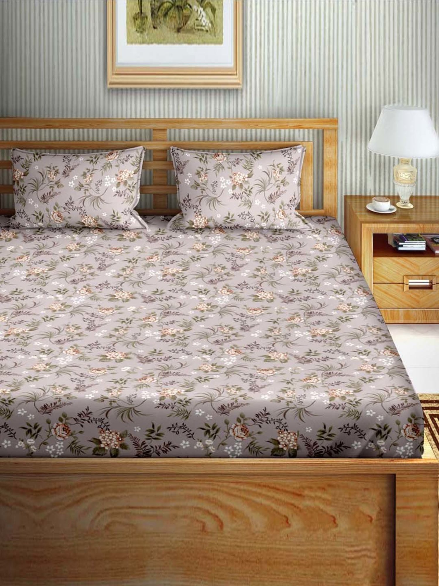 Bella Casa Stella Collection Grey Cotton 180 TC King Size Bedsheet with 2 Pillow Covers