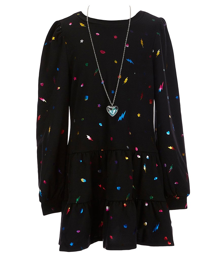 Honey and Rosie Big Girls 7-16 Long-Sleeve Multi-Print Drop-Waist Tiered Skirt Dress