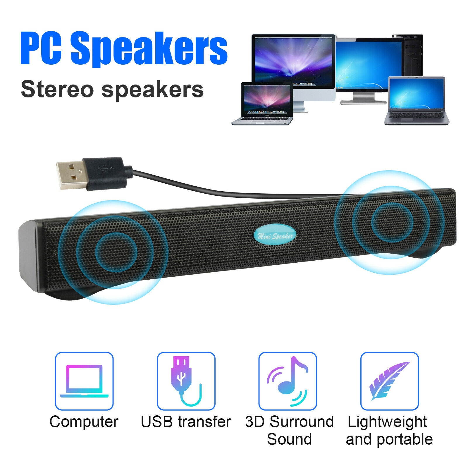 Wired USB Power Computer Speakers Stereo Sound Bar w/Clip For Desktop PC Laptop
