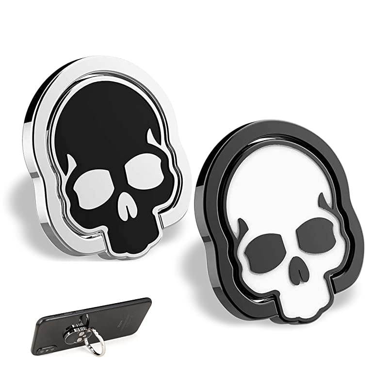 Cell Phone Skull Ring Grip Set of 2 Packs 360&deg; Adjustable Finger Ring Holder Suitable for Magnetic Car Mount Kickstand for Cell PhoneBlack and White